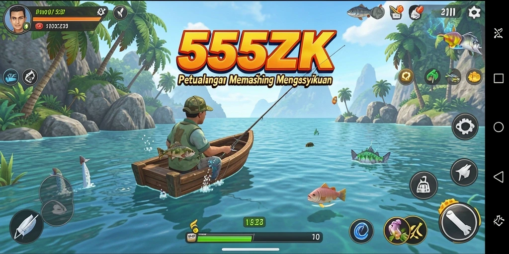 Screenshot gameplay 555ZK dengan berbagai ikan dan lokasi memancing.