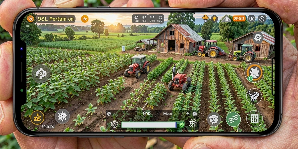 Tampilan gameplay 9SL dengan ladang hijau dan tanaman beragam.