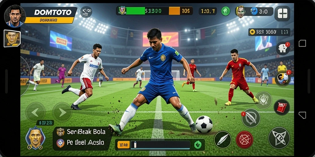 Screenshot gameplay DOMTOTO menunjukkan aksi pertandingan sepak bola yang seru.