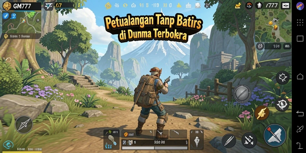 Screenshot utama GM777 menampilkan eksplorasi dunia terbuka yang luas.