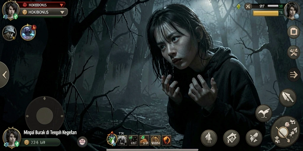 Tangkapan layar gameplay HOKIBONUS menampilkan suasana mencekam dan elemen horor yang intens.