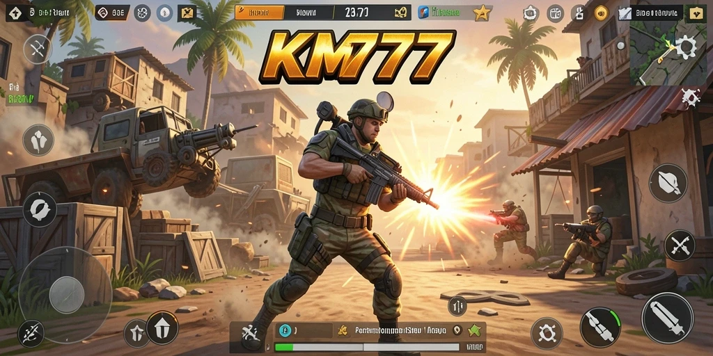 Tangkapan layar utama dari KM777 menunjukkan aksi Battle Royale yang mendebarkan.