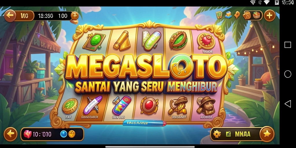 Screenshot gameplay MEGASLOTO yang penuh warna dan menyenangkan.