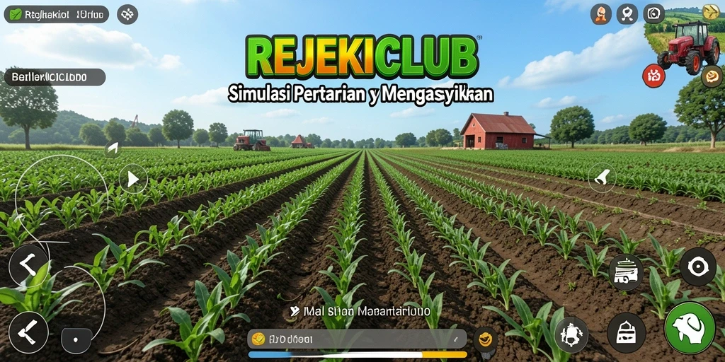 Tangkapan layar gameplay REJEKICLUB menampilkan ladang hijau yang subur dan tanaman berwarna-warni.